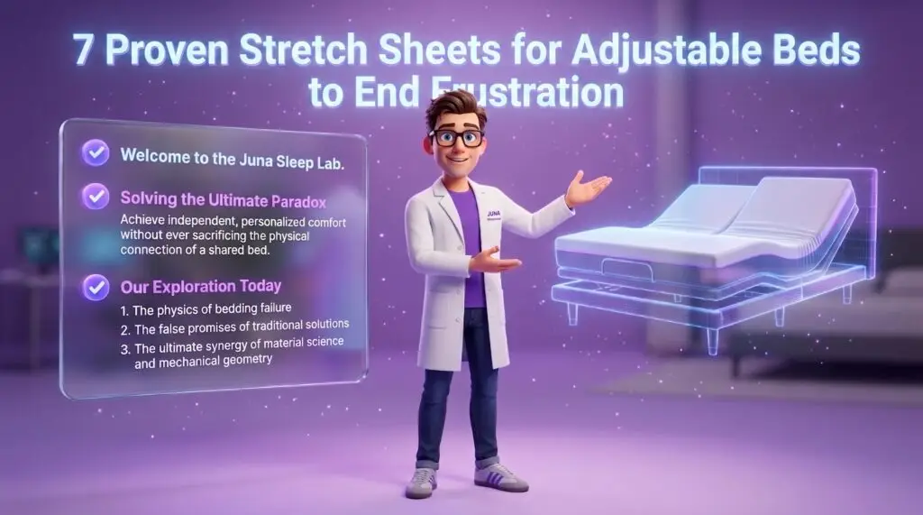 stretch sheets for adjustable beds prevent the physics of bedding failure highlighted by a Juna mattress nerd standing in a sleep lab next to a futuristic holographic display of a flexible split-king mattress base.