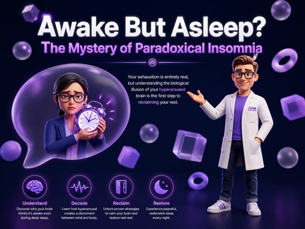 A friendly, 3D animated character wearing a white lab coat with a "Juna Sleep Nerd" logo stands in the center of a detailed infographic layout. The screen is split into two main sections against a dark blue background. The left side, titled "The Biology of Hyperarousal (The Problem)," features a glowing dashboard detailing an autonomic mismatch, a chemical alarm clock, and a broken thermostat. The right side, titled "Engineering the Sanctuary (The Solution)," showcases a mattress layout with callouts for NASA-inspired zero gravity, motion isolation, and ultra-premium high-density foams.