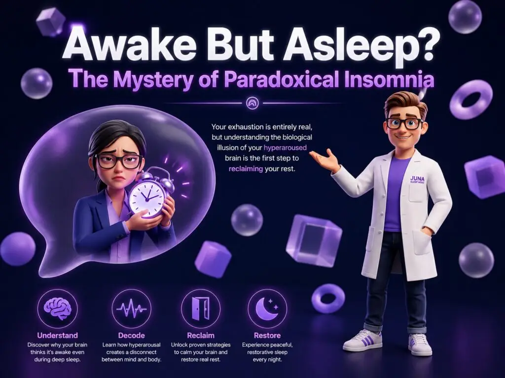 A friendly, 3D animated character wearing a white lab coat with a "Juna Sleep Nerd" logo stands in the center of a detailed infographic layout. The screen is split into two main sections against a dark blue background. The left side, titled "The Biology of Hyperarousal (The Problem)," features a glowing dashboard detailing an autonomic mismatch, a chemical alarm clock, and a broken thermostat. The right side, titled "Engineering the Sanctuary (The Solution)," showcases a mattress layout with callouts for NASA-inspired zero gravity, motion isolation, and ultra-premium high-density foams.