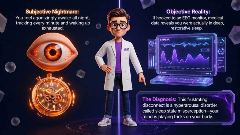 Paradoxical Insomnia. A friendly, 3D animated character wearing a white lab coat with a "Juna Sleep Nerd" logo stands on the left side of a dark blue infographic layout. The screen is titled "The Biology of Hyperarousal (The Problem)." It features three visual dashboards: an "Autonomic Mismatch" dial comparing a stuck gas pedal to failing brakes, a "Chemical Alarm Clock" line graph showing a sharp nighttime hormone spike, and a "Broken HPA Axis Thermostat" graphic. At the bottom, a small data table compares physiological markers between an aligned sleep state and a hyperaroused state.