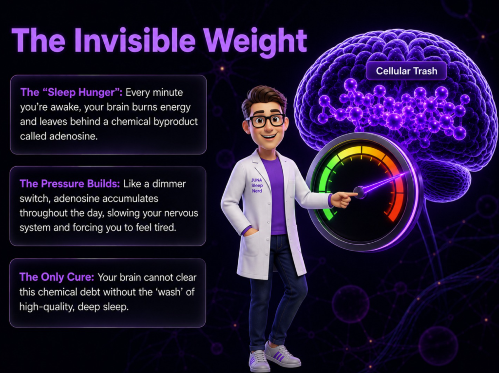 A friendly, 3D animated character wearing a white lab coat with a "Juna Sleep Nerd" logo stands on the left side of a purple infographic layout. He points with one hand toward a large digital display screen in the center. The screen shows a line graph comparing a smooth, U-shaped blue wave labeled "Healthy Cortisol" against a jagged, multi-peaked red line labeled "Insomnia Cortisol" that spikes aggressively around 2:00 AM. Running underneath the graph, four glowing orange rectangular nodes connected by arrows map out a horizontal flowchart.