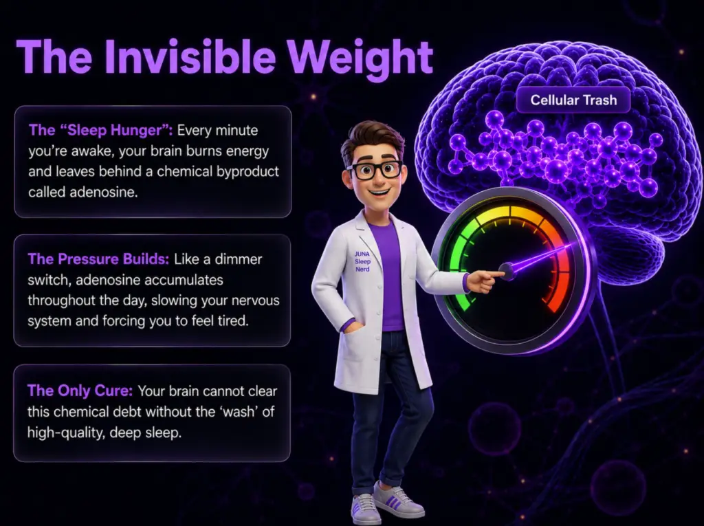 The Chemical Saboteur: Nighttime Cortisol Spikes A friendly, 3D animated character wearing a white lab coat with a "Juna Sleep Nerd" logo stands on the left side of a purple infographic layout. He points with one hand toward a large digital display screen in the center. The screen shows a line graph comparing a smooth, U-shaped blue wave labeled "Healthy Cortisol" against a jagged, multi-peaked red line labeled "Insomnia Cortisol" that spikes aggressively around 2:00 AM. Running underneath the graph, four glowing orange rectangular nodes connected by arrows map out a horizontal flowchart.