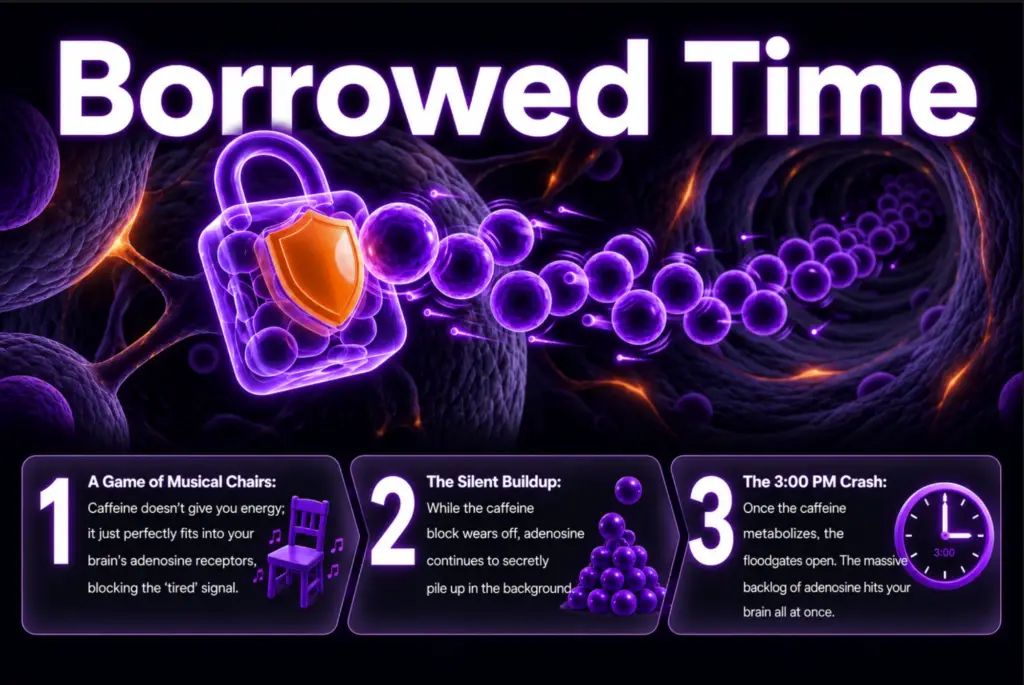 The Invisible Weight: Understanding Sleep Hunger A friendly, 3D animated character wearing a white lab coat with a "Juna Sleep Nerd" logo stands in the center of a dark purple infographic layout titled "The Invisible Weight". He points with his left hand to a large, speedometer-style gauge where the needle is pushed far into the high orange-and-red zone. Behind the gauge is a large, glowing purple graphic of a human brain filled with interconnected molecular structures labeled "Cellular Trash". To the left, three transparent dark panels display white and purple text breaking down how sleep pressure builds.