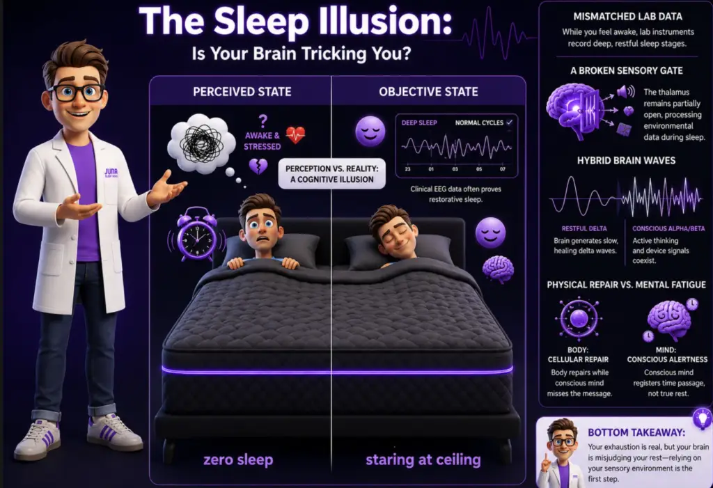 Paradoxical Insomnia. A friendly, 3D animated character wearing a white lab coat with a "Juna Sleep Nerd" logo stands on the right side of a detailed infographic layout. The screen is titled "Engineering the Sanctuary (The Solution)" against a dark blue background. It showcases a mattress layout with visual callouts for NASA-inspired zero gravity posture, total motion isolation with a continuous center bridge, and an ultra-premium high-density foam core.