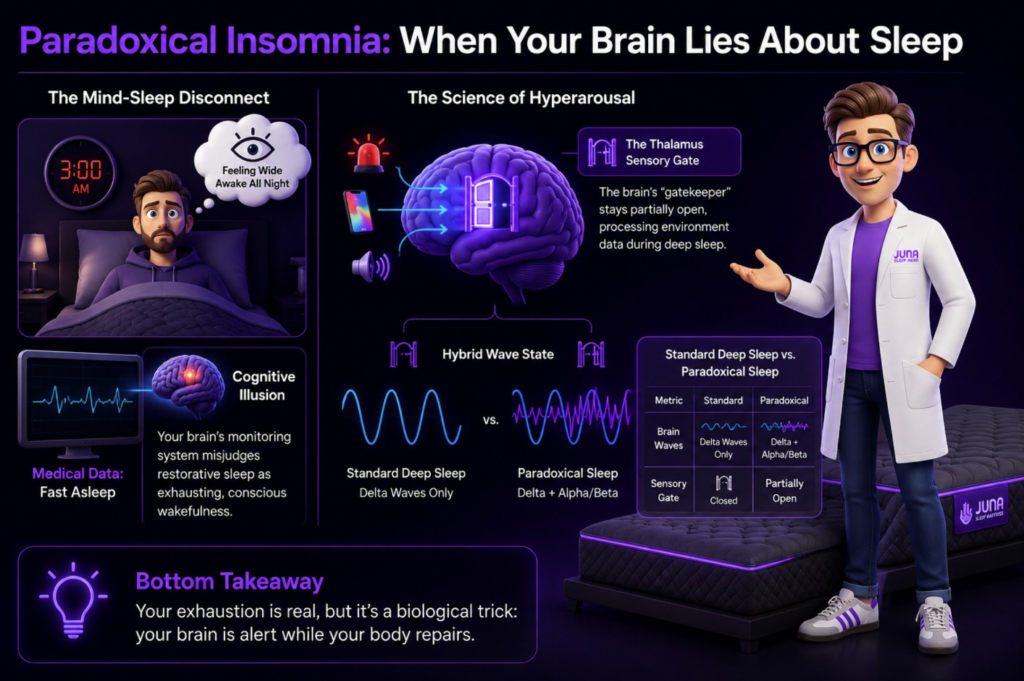 Paradoxical Insomnia. A friendly, 3D animated character wearing a white lab coat with a "Juna Sleep Nerd" logo sits comfortably on the edge of a clean white mattress with purple accents. He gestures with an open hand toward a large graphic of a human brain on the right side. The left side of the brain glows with calm blue ripples, while the right side flashes with energetic, orange lightning-style lines. To the left, a transparent dark gray panel displays the bold heading "Insomnia is Not a Failure of Willpower" along with short blocks of explanatory text.
