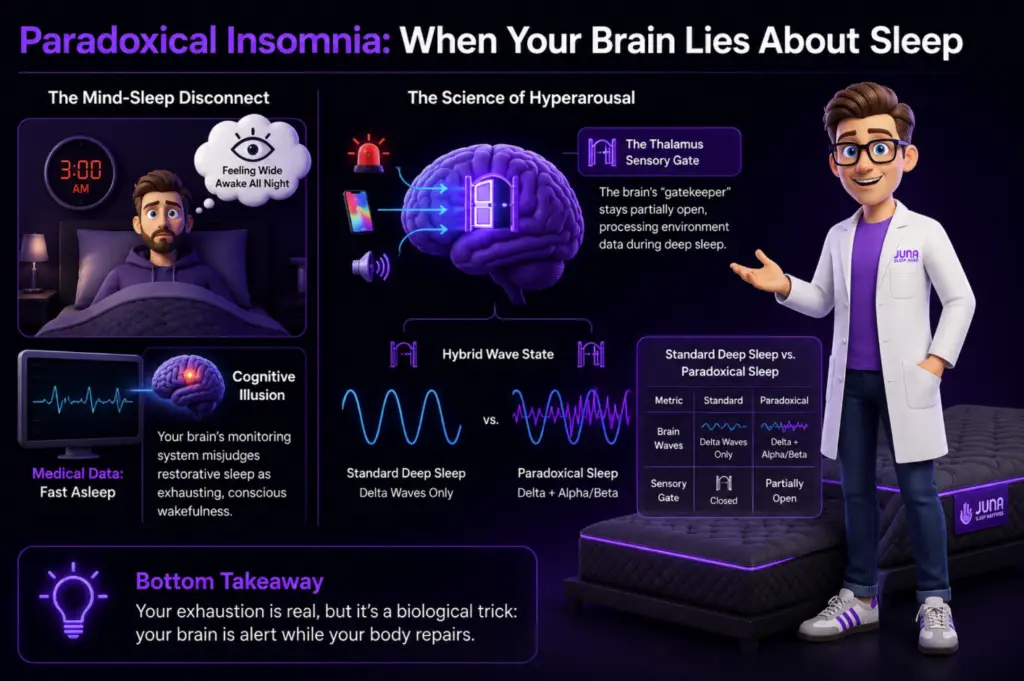 Paradoxical Insomnia. A friendly, 3D animated character wearing a white lab coat with a "Juna Sleep Nerd" logo sits comfortably on the edge of a clean white mattress with purple accents. He gestures with an open hand toward a large graphic of a human brain on the right side. The left side of the brain glows with calm blue ripples, while the right side flashes with energetic, orange lightning-style lines. To the left, a transparent dark gray panel displays the bold heading "Insomnia is Not a Failure of Willpower" along with short blocks of explanatory text.