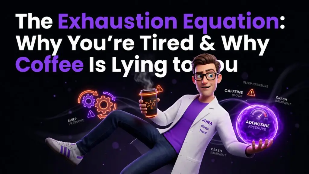 A friendly, 3D animated character wearing a white lab coat with a "Juna Sleep Nerd" logo floats dynamically against a dark background. Large white and purple text above him reads, "The Exhaustion Equation: Why You're Tired & Why Coffee Is Lying to You". The character holds a steaming coffee cup marked with a chemical structure icon in one hand, while balancing a glowing purple orb labeled "Adenosine Pressure" with a gauge pointing to "High" in his other hand. Glowing orange gears and warning triangle icons float around him alongside text reading "Sleep Pressure," "Caffeine Block," and "Crash Imminent".