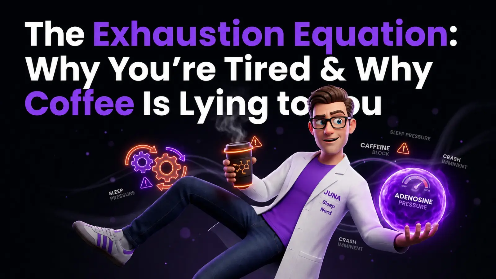 A friendly, 3D animated character wearing a white lab coat with a "Juna Sleep Nerd" logo floats dynamically against a dark background. Large white and purple text above him reads, "The Exhaustion Equation: Why You're Tired & Why Coffee Is Lying to You". The character holds a steaming coffee cup marked with a chemical structure icon in one hand, while balancing a glowing purple orb labeled "Adenosine Pressure" with a gauge pointing to "High" in his other hand. Glowing orange gears and warning triangle icons float around him alongside text reading "Sleep Pressure," "Caffeine Block," and "Crash Imminent".