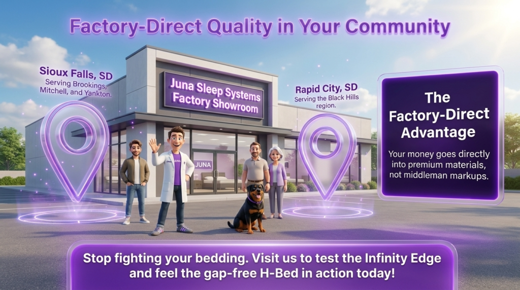 Factory-Direct Quality in Your Community: Juna Sleep Systems Factory Showroom stretch sheets for adjustable beds allow you to stop fighting your bedding, an upgrade you can explore at the "Factory-Direct Quality in Your Community" Juna Sleep Systems Factory Showroom featured in this graphic with a Juna mattress nerd, shoppers, and a Rottweiler dog.