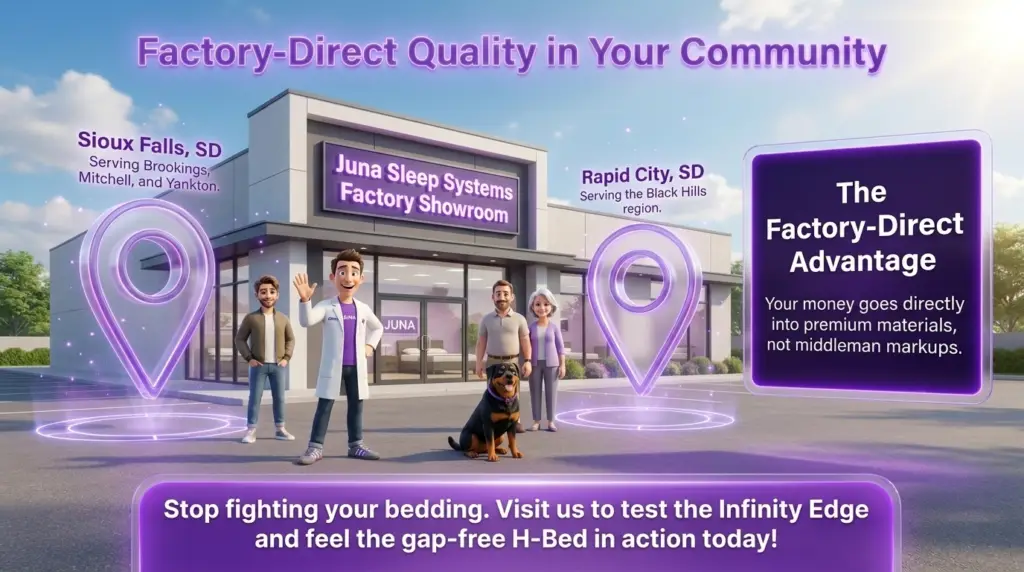 Factory-Direct Quality in Your Community: Juna Sleep Systems Factory Showroom stretch sheets for adjustable beds allow you to stop fighting your bedding, an upgrade you can explore at the "Factory-Direct Quality in Your Community" Juna Sleep Systems Factory Showroom featured in this graphic with a Juna mattress nerd, shoppers, and a Rottweiler dog.