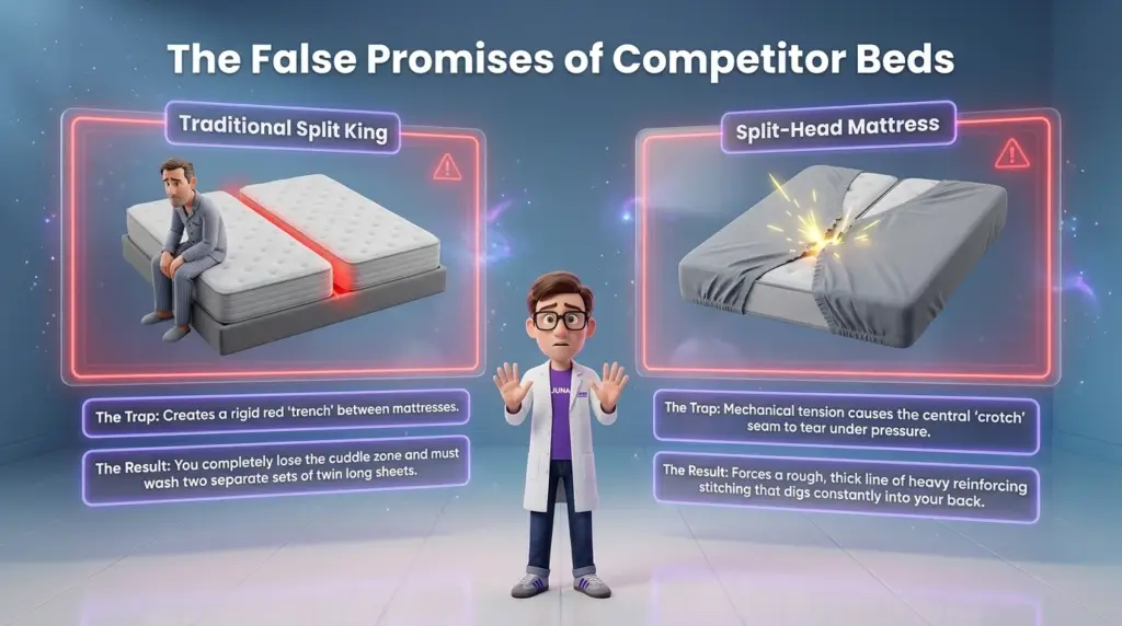 stretch sheets for adjustable beds help address the flaws detailed in "The False Promises of Competitor Beds" infographic, which shows a Juna mattress nerd standing between diagrams of a rigid split king and a tearing split-head mattress.
