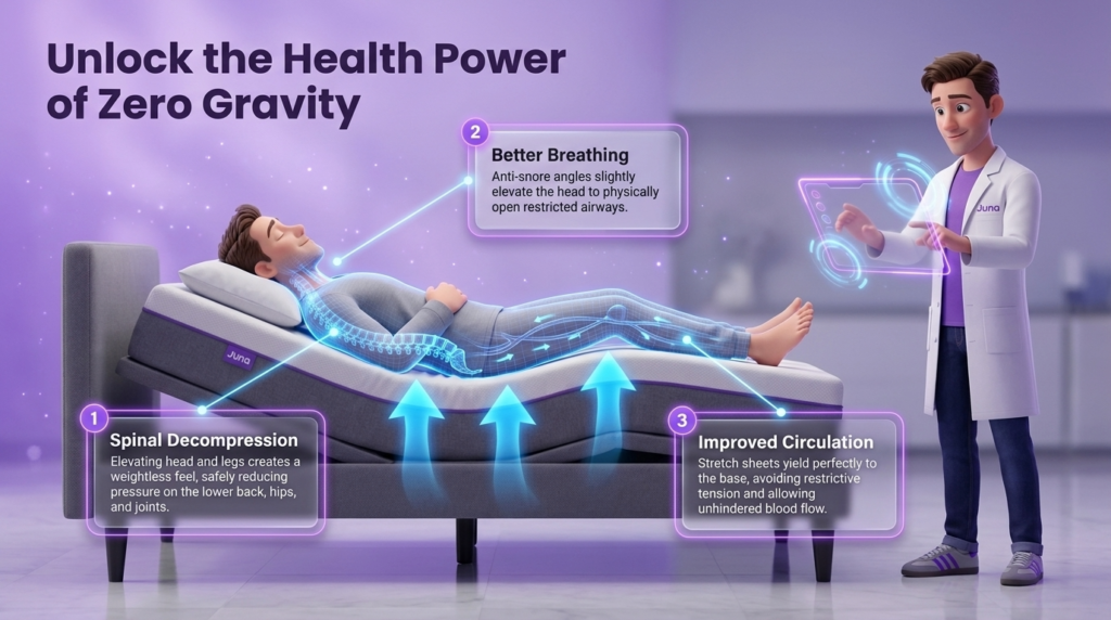 Unlock the Health Power of Zero Gravity stretch sheets for adjustable beds allow unhindered movement in "Unlock the Health Power of Zero Gravity" infographic, where a Juna mattress nerd uses a holographic tablet to monitor a person resting comfortably in a zero-gravity position.