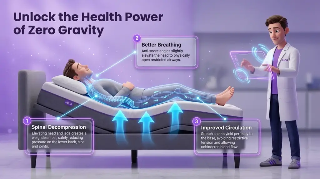 Unlock the Health Power of Zero Gravity stretch sheets for adjustable beds allow unhindered movement in "Unlock the Health Power of Zero Gravity" infographic, where a Juna mattress nerd uses a holographic tablet to monitor a person resting comfortably in a zero-gravity position.