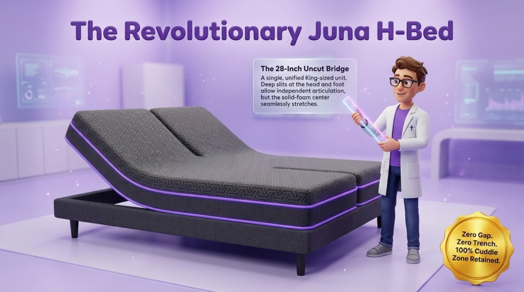 The Revolutionary Juna H-Bed Design stretch sheets for adjustable beds fit uniquely over specialized mattress profiles like "The Revolutionary Juna H-Bed" shown in this infographic, featuring a Juna mattress nerd holding a glowing ruler to measure a 28-inch uncut fabric bridge on an articulating split mattress.