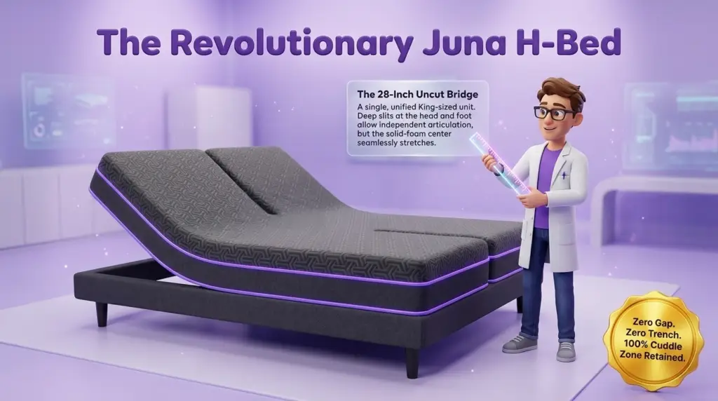 stretch sheets for adjustable beds fit uniquely over specialized mattress profiles like "The Revolutionary Juna H-Bed" shown in this infographic, featuring a Juna mattress nerd holding a glowing ruler to measure a 28-inch uncut fabric bridge on an articulating split mattress.