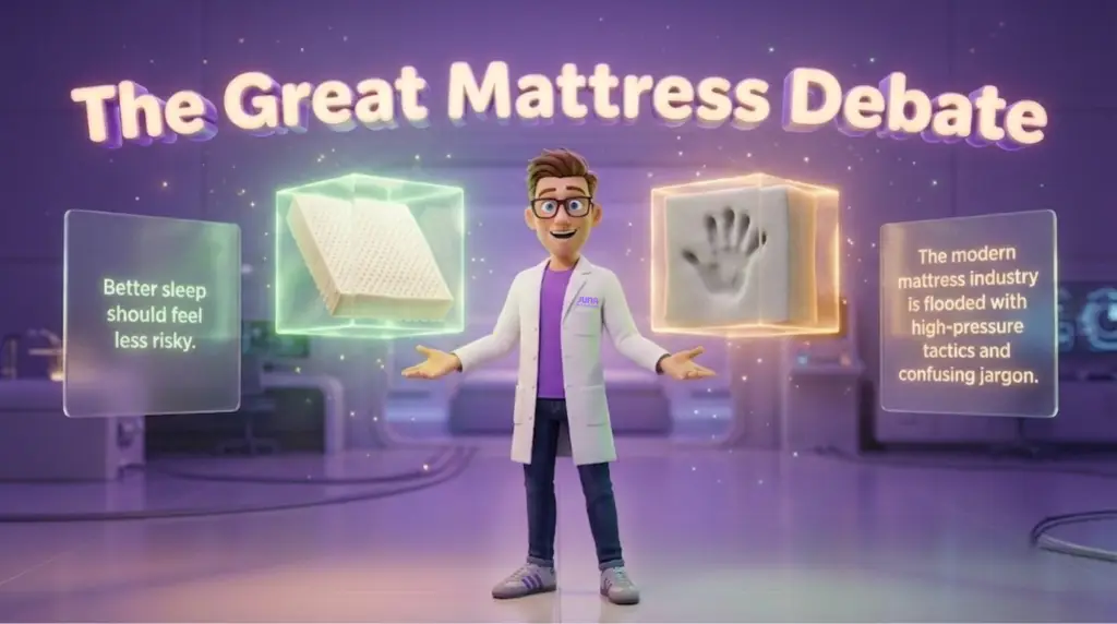 Latex vs memory foam mattress qualities are compared in "The Great Mattress Debate" infographic, featuring a Juna mattress nerd holding up a glowing green cube with a latex sample and an orange cube showing a memory foam handprint.