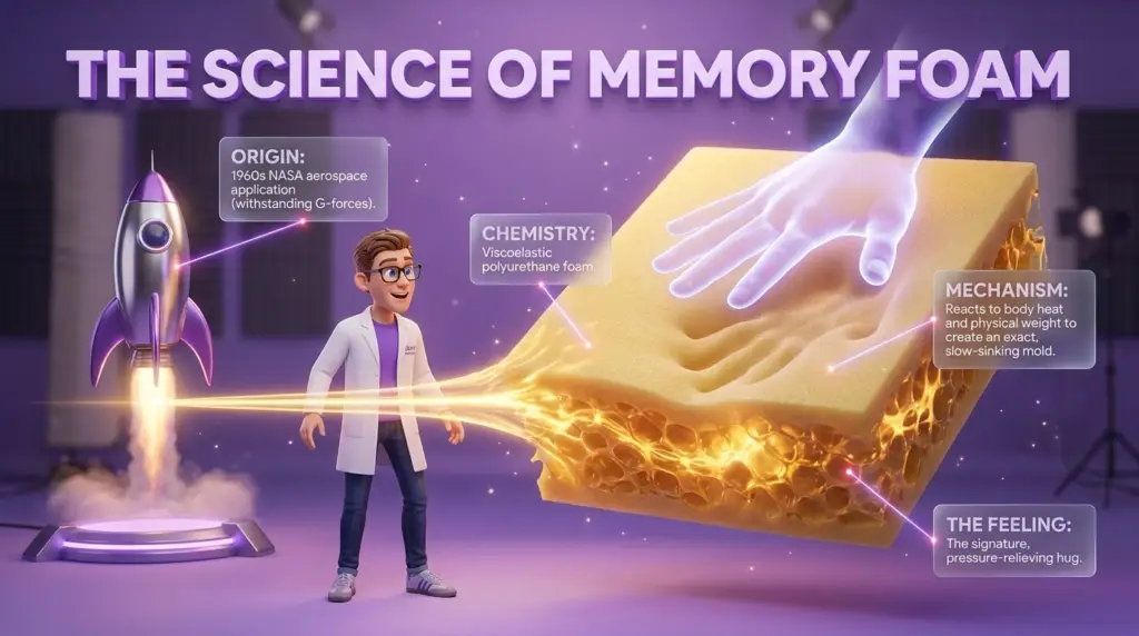 Latex vs memory foam mattress characteristics are explored in this educational infographic titled "The Science of Memory Foam," where a Juna mattress nerd stands next to a miniature rocket ship and a large slab of yellow viscoelastic polyurethane foam showing a glowing handprint. Latex vs memory foam mattress