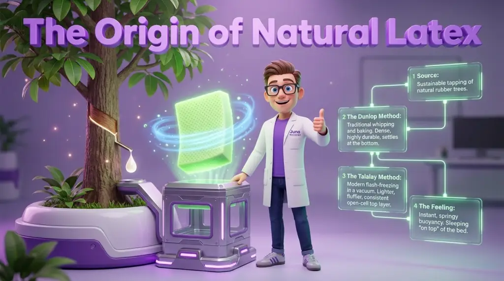 Latex vs memory foam mattress material differences are highlighted in this educational graphic titled "The Origin of Natural Latex," featuring a Juna mattress nerd standing next to a rubber tree being tapped and a glowing green foam sample block. Latex vs memory foam mattress