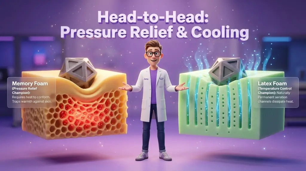 Latex vs memory foam mattress material characteristics are analyzed in this "Head-to-Head: Pressure Relief & Cooling" infographic featuring a Juna mattress nerd standing between a block of conforming memory foam and a block of breathable latex foam. Latex vs memory foam mattress