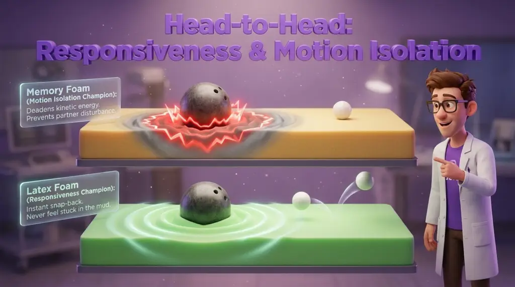 Latex vs memory foam mattress kinetic behaviors are evaluated in this "Head-to-Head: Responsiveness & Motion Isolation" infographic, where a Juna mattress nerd observes a bowling ball absorbing into memory foam versus bouncing off latex foam. Latex vs memory foam mattress