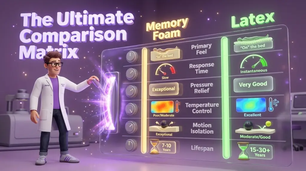 Latex vs memory foam mattress specifications are evaluated side-by-side in "The Ultimate Comparison Matrix" dashboard where a Juna mattress nerd uses a glowing control panel to review performance data fields. Latex vs memory foam mattress