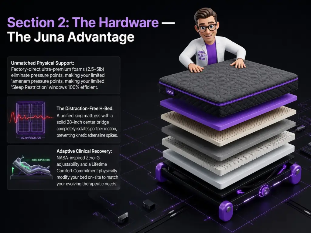 The Hardware — The Juna Advantage A friendly, 3D animated character wearing a white lab coat with a "Juna Sleep Nerd" logo leans over an exploded, layered view of a premium mattress. The mattress is separated into multiple stacked colored foam layers floating above an adjustable black and purple mechanical bed frame. The scene sits on a dark isometric grid background with purple circuit lines. On the left, large text reads "Section 2: The Hardware — The Juna Advantage," accompanied by three dark callout boxes explaining the physical support, the H-Bed design, and body posture adjustments.