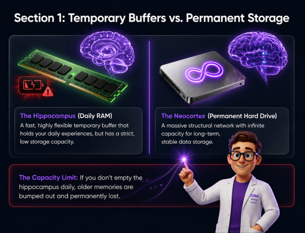 Juna Sleep Systems Brain Storage Infographic An educational infographic titled "Section 1: Temporary Buffers vs. Permanent Storage." It features two comparison boxes: one on the left showing a computer RAM stick labeled "The Hippocampus (Daily RAM)," and one on the right showing a hard drive with an infinity symbol labeled "The Neocortex (Permanent Hard Drive)." At the bottom, a cartoon man in a lab coat points toward a warning box about memory capacity limits.