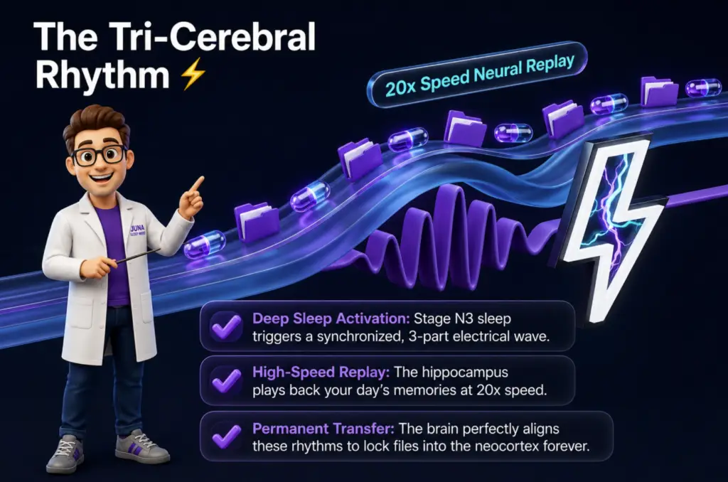 An educational infographic titled "Section 2: The Two-Step Transfer Mechanism." It features two side-by-side sections labeled "Step 1: The Active Transfer (NREM Sleep)" and "Step 2: Structural Integration (REM Sleep)," each with a glowing purple brain graphic. At the bottom, a cartoon man in a white lab coat points toward a note about why waking up early disrupts memory consolidation.