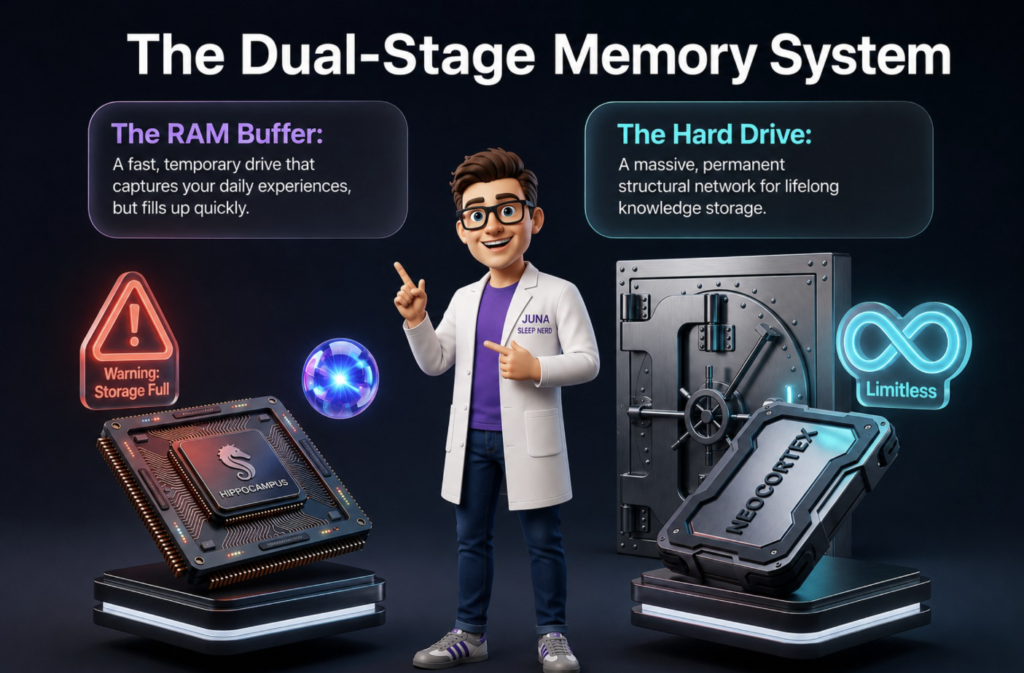 Juna Sleep Systems Sleep Deprivation Infographic An educational infographic titled "Section 3: The Danger of the All-Nighter." It displays two comparison panels labeled "The Standard Path (8 Hours)" and "The All-Nighter Path (0 Hours)," each featuring a glowing purple brain illustration. At the bottom, a cartoon man in a white lab coat points toward a text box discussing how missing sleep affects brain function.