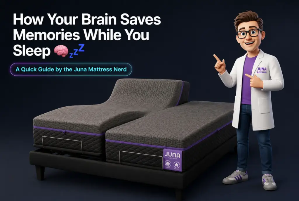 A 3D cartoon man wearing glasses and a white lab coat points toward a split, adjustable dark gray mattress with purple trim. The background is a solid dark color, and text at the top left reads, "How Your Brain Saves Memories While You Sleep" with a subtitle that says, "A Quick Guide by the Juna Mattress Nerd.