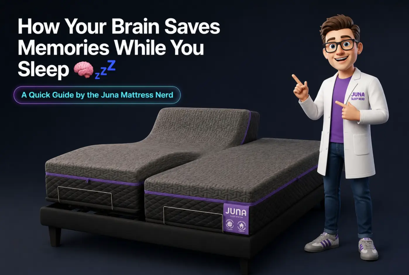 A 3D cartoon man wearing glasses and a white lab coat points toward a split, adjustable dark gray mattress with purple trim. The background is a solid dark color, and text at the top left reads, "How Your Brain Saves Memories While You Sleep" with a subtitle that says, "A Quick Guide by the Juna Mattress Nerd.