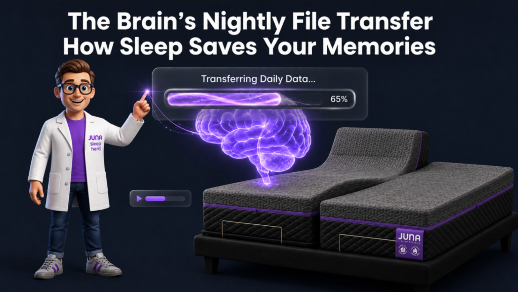 Juna Sleep Systems Memory Transfer Graphic A 3D cartoon man wearing glasses and a white lab coat points up toward a glowing, purple neon brain floating over a split, adjustable dark gray mattress. Above the brain, a translucent loading bar reads "Transferring Daily Data... 65%." White text at the top reads "The Brain's Nightly File Transfer" and "How Sleep Saves Your Memories.