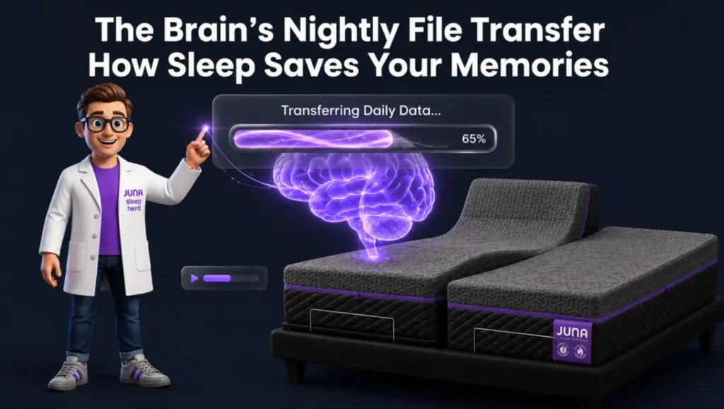 A 3D cartoon man wearing glasses and a white lab coat points up toward a glowing, purple neon brain floating over a split, adjustable dark gray mattress. Above the brain, a translucent loading bar reads "Transferring Daily Data... 65%." White text at the top reads "The Brain's Nightly File Transfer" and "How Sleep Saves Your Memories.