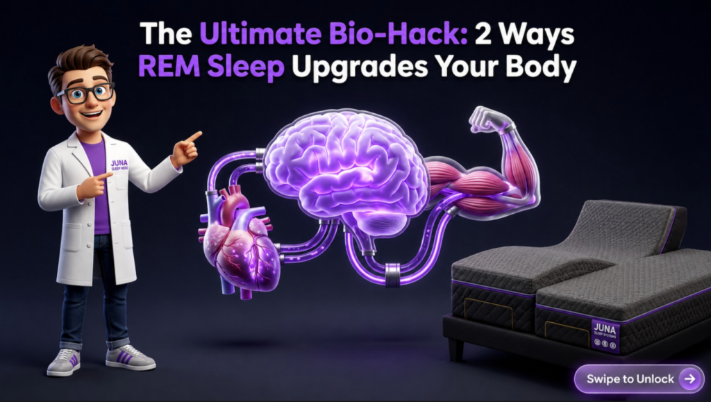 Hidden Body Benefits of REM Sleep The 8 Hidden Body Benefits of REM Sleep: Beyond the Brain An advertisement for JUNA Sleep Systems featuring a cartoon scientist pointing to a glowing purple brain connected to a heart and a muscular arm, with text reading: "The Ultimate Bio-Hack: 2 Ways REM Sleep Upgrades Your Body