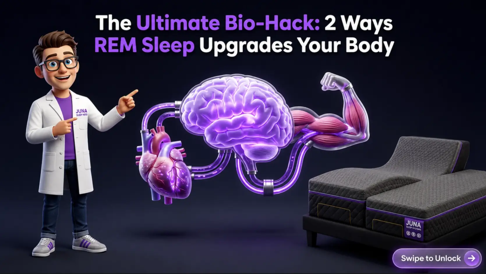 Hidden Body Benefits of REM Sleep The 8 Hidden Body Benefits of REM Sleep: Beyond the Brain An advertisement for JUNA Sleep Systems featuring a cartoon scientist pointing to a glowing purple brain connected to a heart and a muscular arm, with text reading: "The Ultimate Bio-Hack: 2 Ways REM Sleep Upgrades Your Body