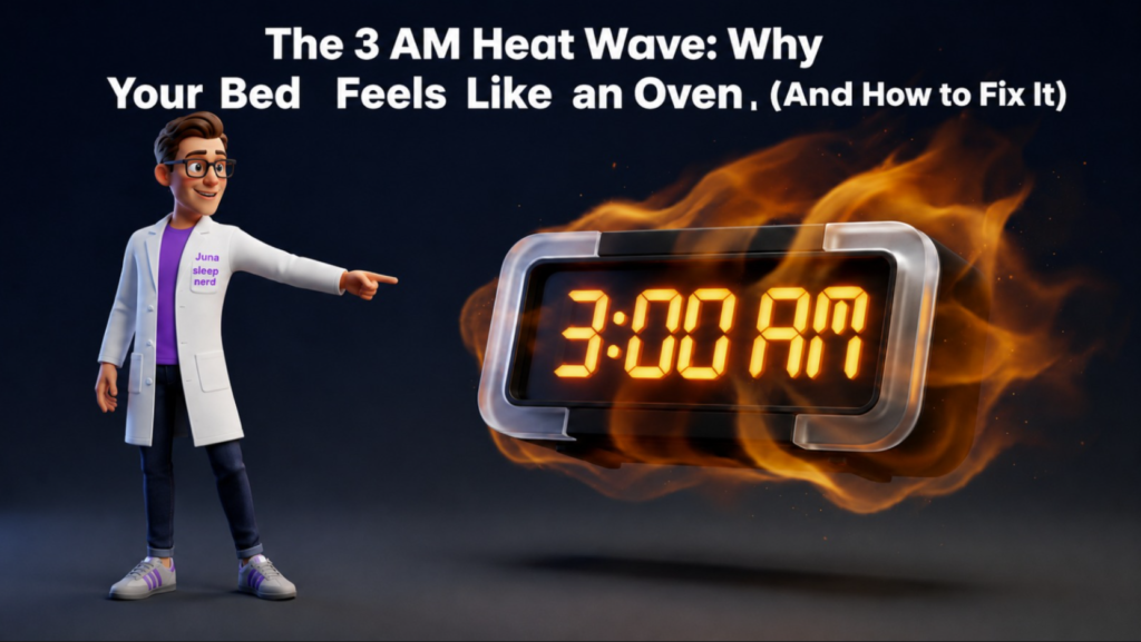 A 3D animated character wearing a purple t-shirt and a white lab coat with a "Juna sleep nerd" logo stands on the left side of a dark background. He smiles and points his left hand directly toward a large, modern digital alarm clock floating on the right. The clock display glows with bright orange text reading "3:00 AM" and is entirely engulfed in realistic, roaring orange flames and heat waves. Bold white text spans across the top of the image reading "The 3 AM Heat Wave: Why Your Bed Feels Like an Oven (And How to Fix It)