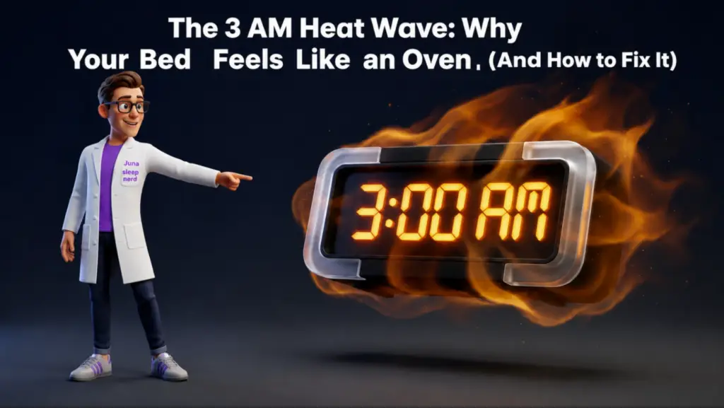 A 3D animated character wearing a purple t-shirt and a white lab coat with a "Juna sleep nerd" logo stands on the left side of a dark background. He smiles and points his left hand directly toward a large, modern digital alarm clock floating on the right. The clock display glows with bright orange text reading "3:00 AM" and is entirely engulfed in realistic, roaring orange flames and heat waves. Bold white text spans across the top of the image reading "The 3 AM Heat Wave: Why Your Bed Feels Like an Oven (And How to Fix It)