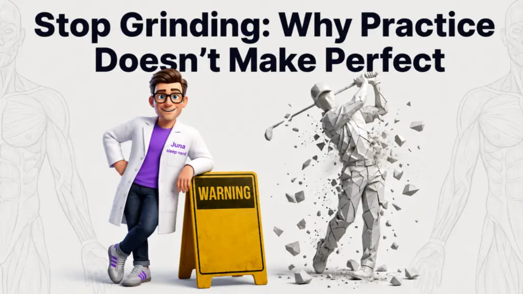 How Sleep Enhances Motor Skills An educational advertisement banner for Juna Sleep Systems featuring the headline "Stop Grinding: Why Practice Doesn&rsquo;t Make Perfect." A friendly cartoon sleep expert leans against a yellow warning sign next to a fracturing geometric statue of a golfer mid-swing.