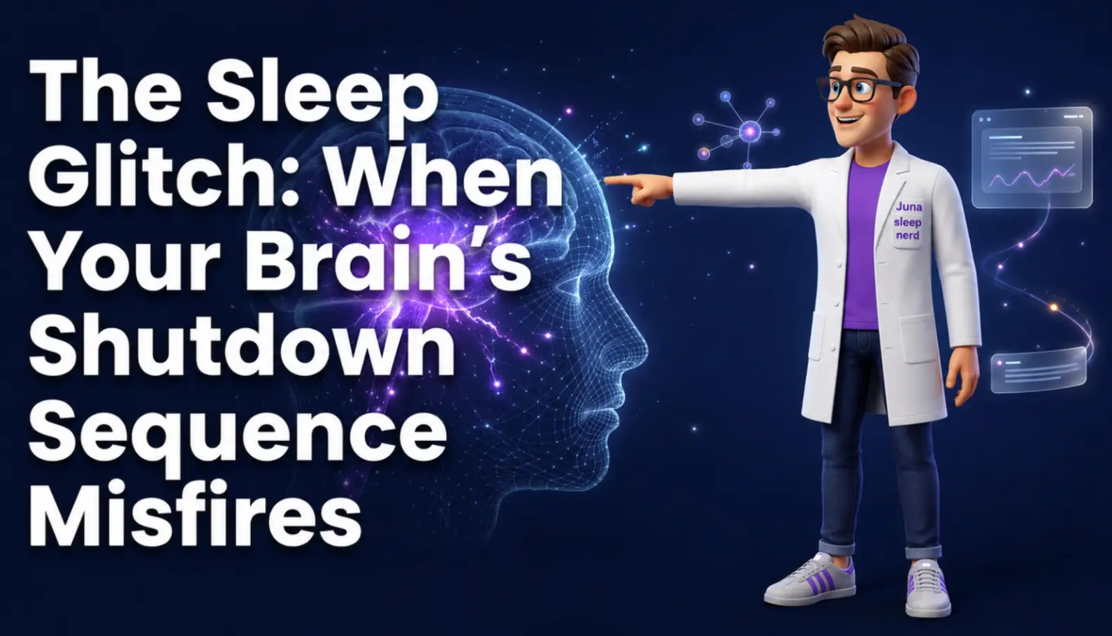 A friendly, 3D animated character wearing a purple t-shirt and a white lab coat with a "Juna sleep nerd" logo stands on the right side of a dark blue background filled with faint starlight. Smiling, he points his right hand directly toward a large, translucent wireframe profile of a human head on the left, which reveals a glowing purple and white brain map crackling with lightning-like neural activity. Large bold white text on the left reads "The Sleep Glitch: When Your Brain's Shutdown Sequence Misfires". On the far right, a floating molecular structure icon and two glowing glass digital status screens track data waves.