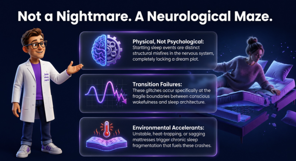 Not a Nightmare: A Neurological Maze An educational infographic titled "Not a Nightmare. A Neurological Maze." set against a dark background. On the left, a 3D cartoon character wearing a purple shirt and a white lab coat with a "Juna sleep nerd" logo gestures toward three stacked, transparent dashboard panels. The panels contain text alongside glowing icons of a brain combined with gears, a dropping wave line graph, and a hot mattress with a thermometer. On the right, a 3D animated woman looks startled on a purple-lit mattress that is breaking apart structurally to reveal its internal layer coils.