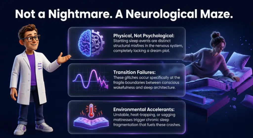 An educational infographic titled "Not a Nightmare. A Neurological Maze." set against a dark background. On the left, a 3D cartoon character wearing a purple shirt and a white lab coat with a "Juna sleep nerd" logo gestures toward three stacked, transparent dashboard panels. The panels contain text alongside glowing icons of a brain combined with gears, a dropping wave line graph, and a hot mattress with a thermometer. On the right, a 3D animated woman looks startled on a purple-lit mattress that is breaking apart structurally to reveal its internal layer coils.