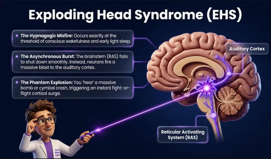 An infographic titled "Environmental Triggers" set against a dark background. On the left, a friendly 3D cartoon character wearing a purple t-shirt and a white lab coat with a "Juna sleep nerd" logo points toward a central column of three floating, semi-transparent dashboard panels. The panels contain text paired with glowing purple icons of a mattress on fire, a sagging mattress line, and a jagged kinetic frequency wave. On the right, a 3D animated woman looks startled and awake on a luxury mattress that is breaking apart into floating puzzle-like fragments, exposing internal steel coils.