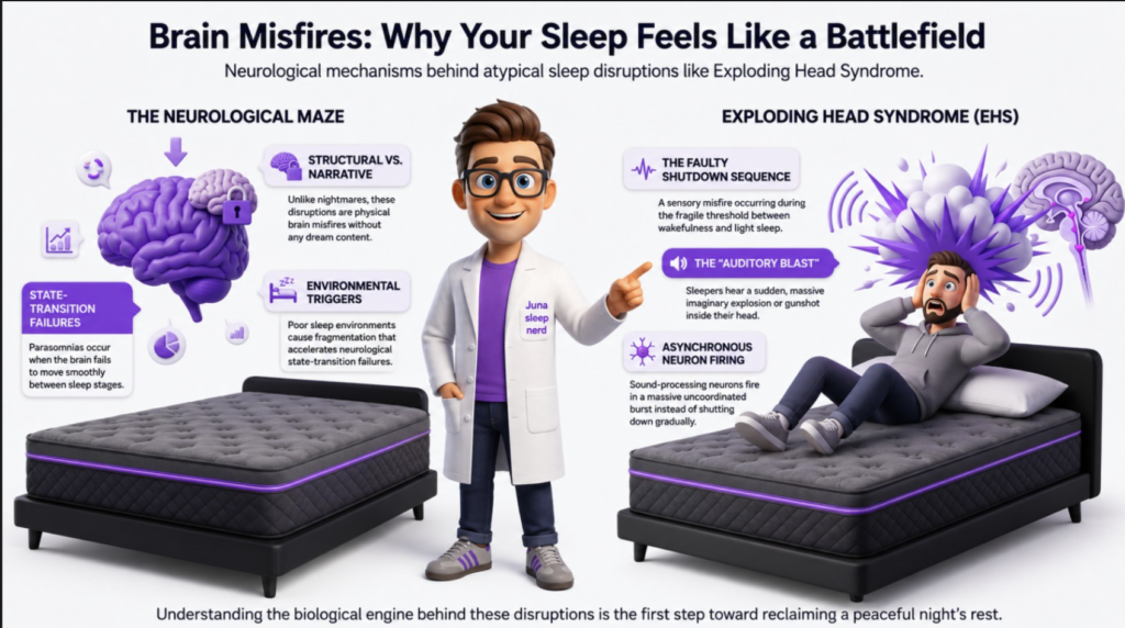 Overcoming the Glitch: Re-engineering Your Sleep Architecture An educational infographic titled "Overcoming the Glitch" on a dark blue background filled with faint starlight. On the left, a friendly 3D cartoon character wearing a purple t-shirt and a white lab coat with a "Juna sleep nerd" logo smiles and gives a thumbs-up while leaning against a luxury mattress setup on the right. Above the bed, a large purple neon speech bubble contains white text summarizing how to fix sleep fragmentation. Flanking the character and the bed are two floating, square digital glass icons glowing with a purple human brain and a full battery meter.