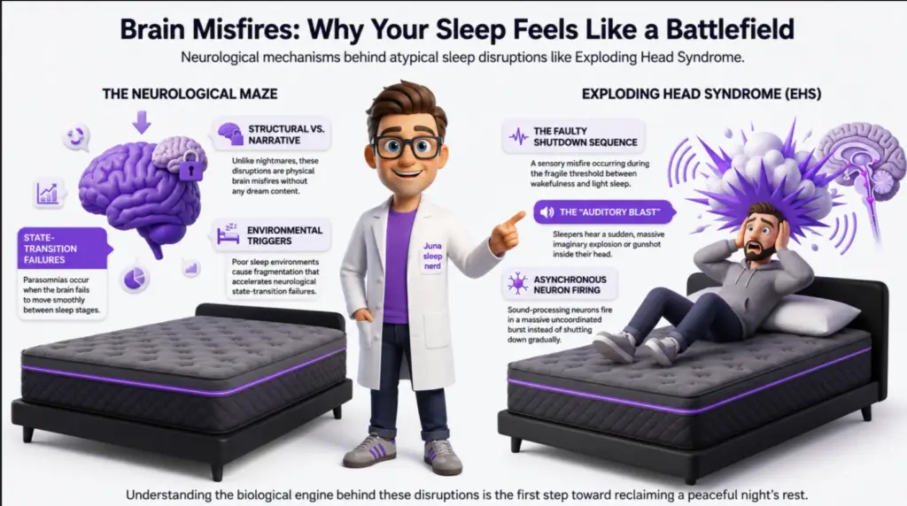 An educational infographic titled "Overcoming the Glitch" on a dark blue background filled with faint starlight. On the left, a friendly 3D cartoon character wearing a purple t-shirt and a white lab coat with a "Juna sleep nerd" logo smiles and gives a thumbs-up while leaning against a luxury mattress setup on the right. Above the bed, a large purple neon speech bubble contains white text summarizing how to fix sleep fragmentation. Flanking the character and the bed are two floating, square digital glass icons glowing with a purple human brain and a full battery meter.