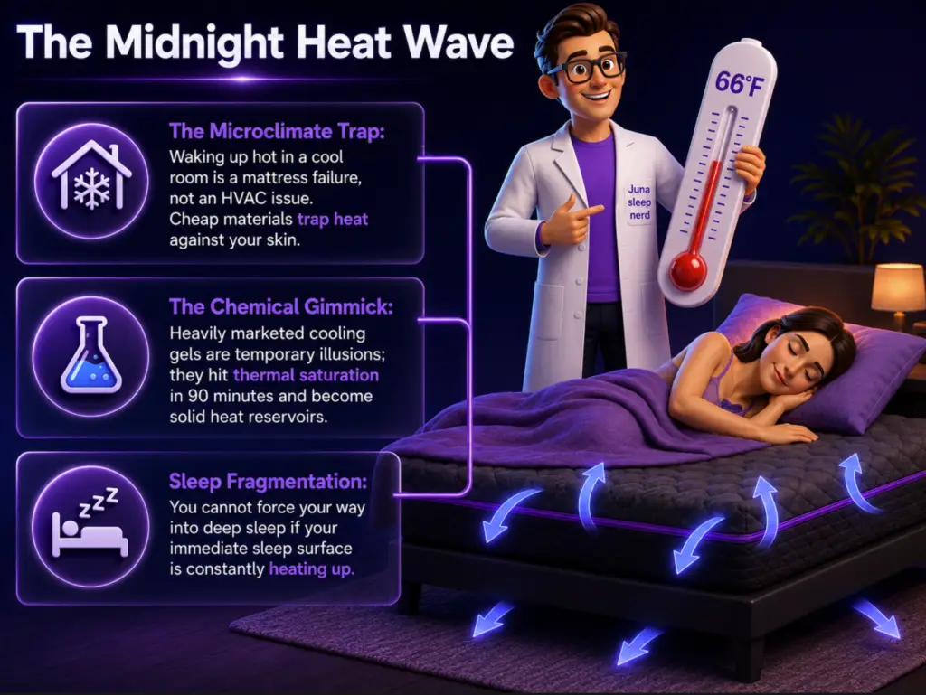 A friendly, 3D animated character wearing a purple shirt and a white lab coat with a "Juna Sleep Nerd" logo stands on the left side of a dark background. He points with his right hand toward a large transparent digital panel displaying a cross-section diagram of blood vessels growing wider, changing from a narrow blue line to a wide red tube overflowing with bright orange heat orbs. Two dark, transparent text blocks with glowing white and purple icons sit on the left to explain the thermal process.