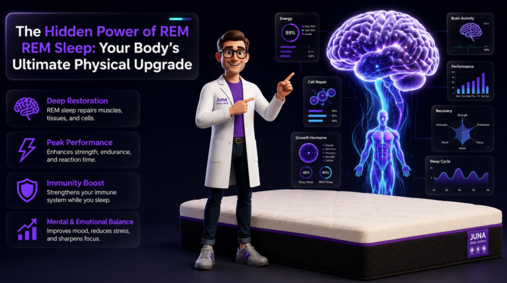 Juna-Sleep-Systems-Hidden-Power-Of-REM-Sleep Hidden Body Benefits of REM Sleep An educational infographic for JUNA Sleep Systems featuring a cartoon sleep expert in a lab coat pointing at a large glowing purple brain connected to a holographic human silhouette. The image includes text blocks highlighting the benefits of REM sleep like deep restoration, peak performance, immunity boost, and mental balance, set above a JUNA mattress.