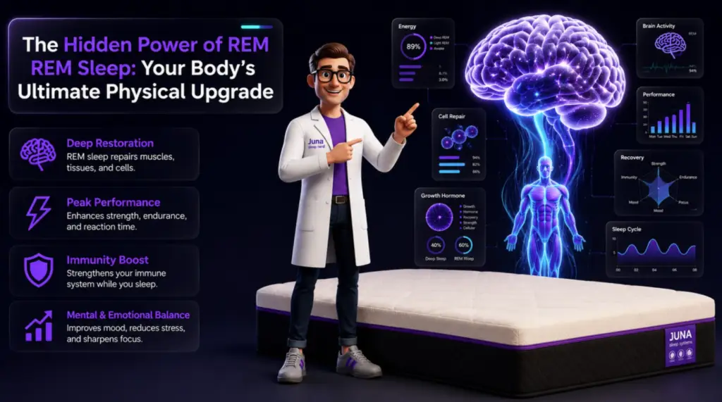 Juna-Sleep-Systems-Hidden-Power-Of-REM-Sleep Hidden Body Benefits of REM Sleep An educational infographic for JUNA Sleep Systems featuring a cartoon sleep expert in a lab coat pointing at a large glowing purple brain connected to a holographic human silhouette. The image includes text blocks highlighting the benefits of REM sleep like deep restoration, peak performance, immunity boost, and mental balance, set above a JUNA mattress.