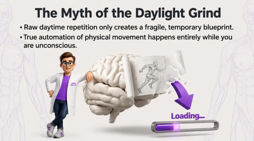 How Sleep Enhances Motor Skills .How Sleep Enhances Motor Skills An educational graphic titled "The Myth of the Daylight Grind" for Juna Sleep Systems. A cartoon sleep expert leans against a large human brain model which is unraveling a architectural blueprint of a running tennis player. A purple arrow points from the blueprint down toward a "Loading..." progress bar.