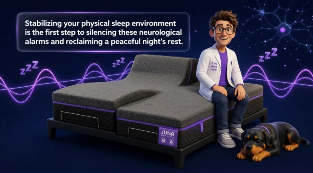 A 3D cartoon illustration featuring a split-adjustable Juna Sleep Systems mattress against a dark blue background with purple neon sleep waves. A friendly male cartoon character wearing glasses and a white lab coat that reads "Juna sleep nerd" sits on the edge of the mattress, while a Rottweiler dog sleeps peacefully on the floor beside him. A text bubble above states, "Stabilizing your physical sleep environment is the first step to silencing these neurological alarms and reclaiming a peaceful night&rsquo;s rest."
