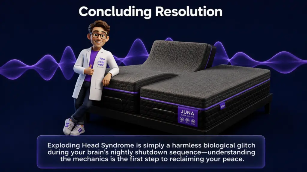 Exploding Head Syndrome and Night Terrors. A 3D cartoon illustration featuring a split-adjustable Juna Sleep Systems mattress under the heading "Concluding Resolution." A friendly male cartoon character with glasses and a white lab coat reading "Juna sleep nerd" stands on the left, leaning against the mattress with a thumbs-up. The background is dark blue with a glowing purple wave frequency. A text bubble at the bottom states, "Exploding Head Syndrome is simply a harmless biological glitch during your brain&rsquo;s nightly shutdown sequence&mdash;understanding the mechanics is the first step to reclaiming your peace."